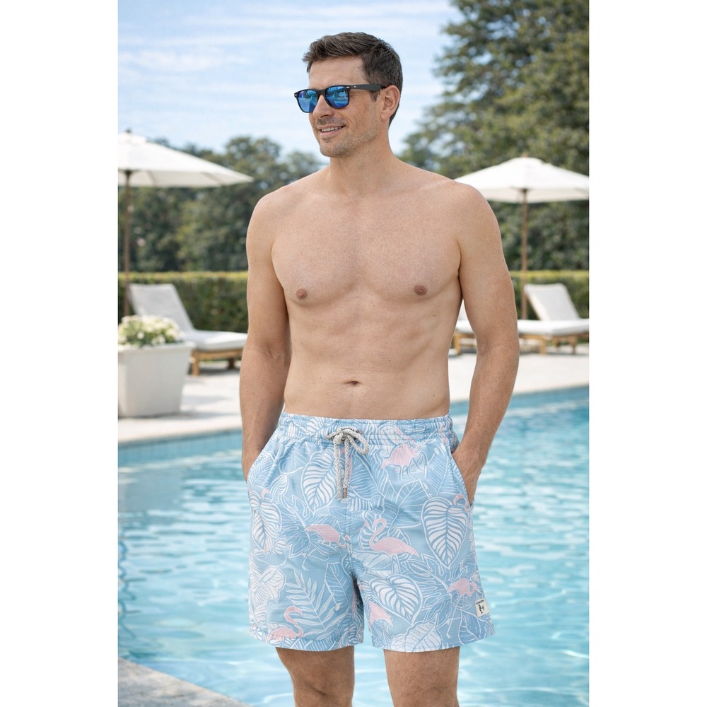 NWT‎ The Endless Summer Mens Flamingo Tropical Swim Trunks Blue Small